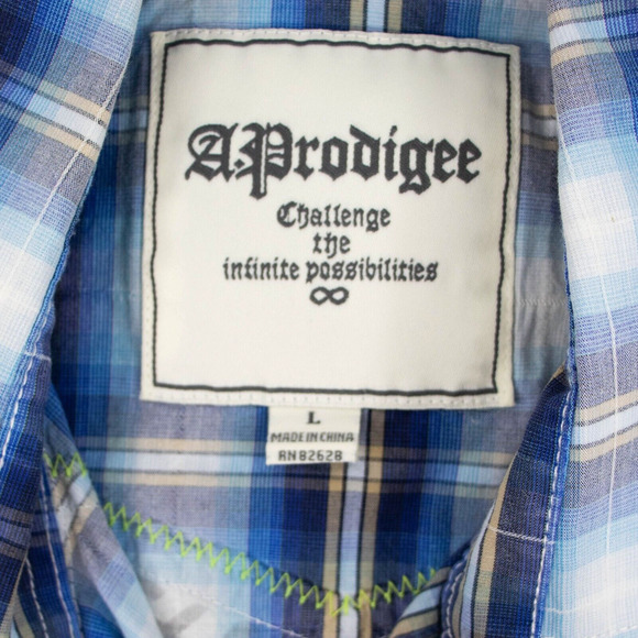 A. Prodigee Blue Multicolor Button Up Short Sleeve Shirt Mens SIZE L - Picture 4 of 8